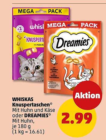 WHISKAS Knuspertaschen mit Huhn und Käse oder DREAMIES mit Huhn, je 180 g