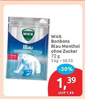 Wick Bonbons Blau Menthol ohne Zucker 72 g