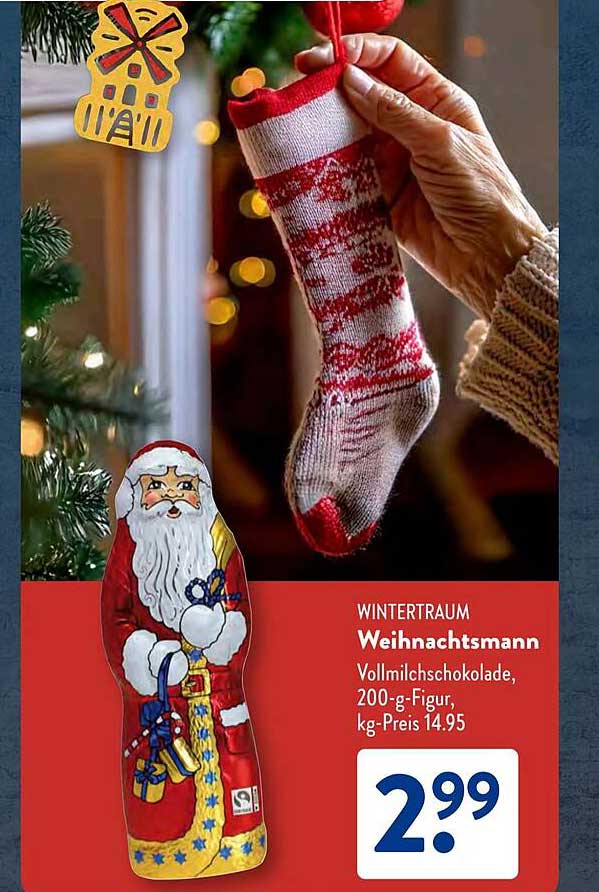 WINTERTRAUM Weihnachtsmann Vollmilfschokolade, 200-g-Figur