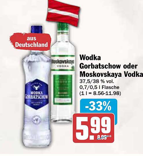 Wodka Gorbatchow oder Moskovskaya Vodka 0,7/0,5 l Flasche