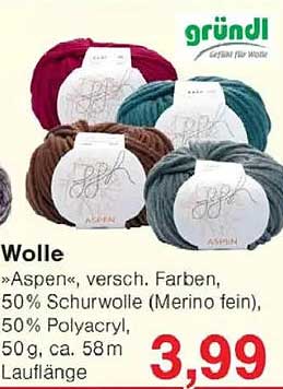 Wolle »Aspen«, versch. Farben, 50% Schurwolle (Merino fein), 50% Polyacryl, 50 g, ca. 58 m