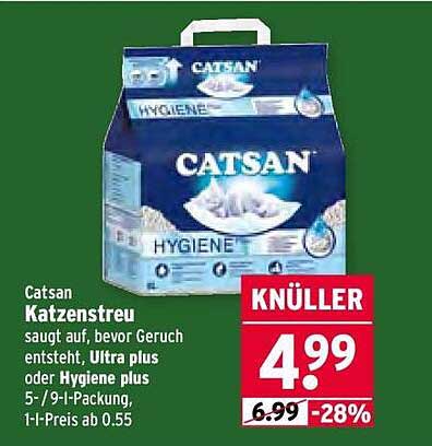 Catsan Katzenstreu saugt auf, bevor Geruch entsteht, Ultra plus oder Hygiene plus 5 - / 9 - 1 - Packung
