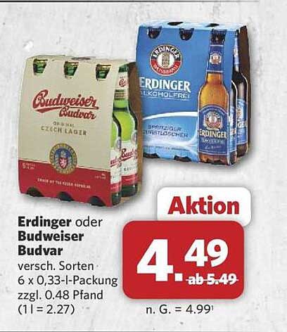 Erdinger oder Budweiser Budvar versch. Sorten 6 x 0,33-l-Packung