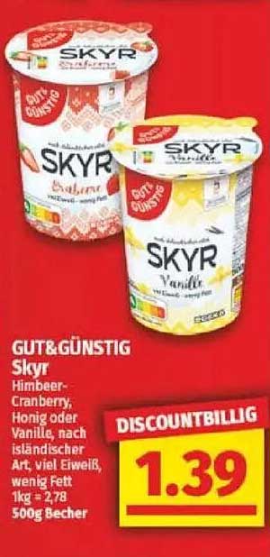 GUT&GÜNSTIG Skyr Himbeer-Cranberry, Honig oder Vanille, nach isländischer Art, viel Eiweiß, wenig Fett