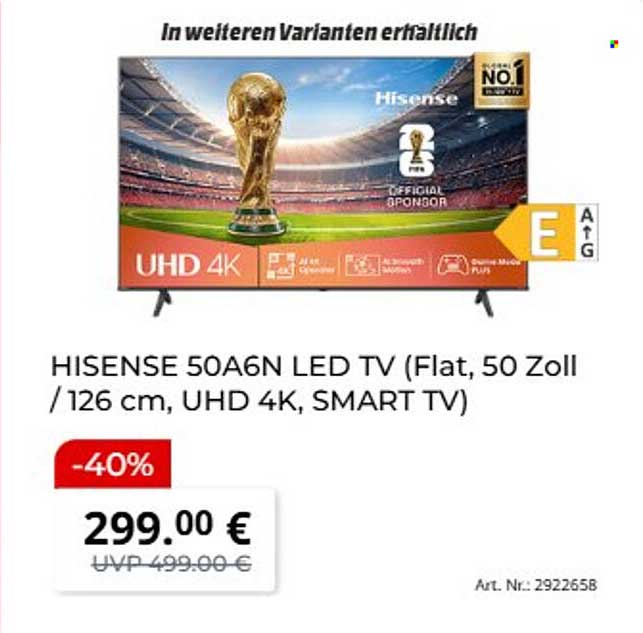 HISENSE 50A6N LED TV (Flat, 50 Zoll / 126 cm, UHD 4K, SMART TV)