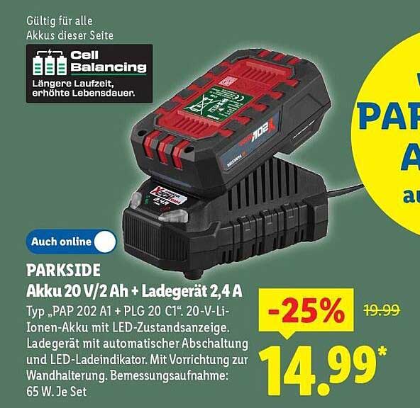 PARKSIDE Akku 20 V/2 Ah + Ladegerät 2,4 A
