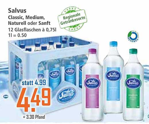 Salvus Classic, Medium, Naturell oder Sanft 12 Glasflaschen à 0,75l