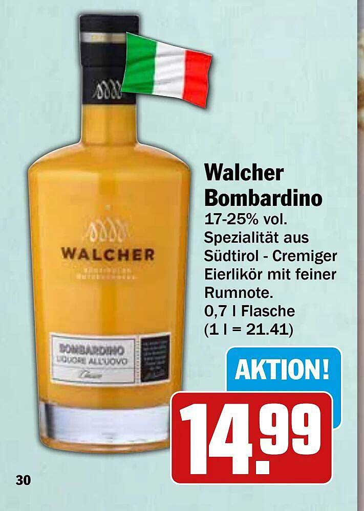 Walcher Bombardino 17-25% vol. Spezialität aus Südtirol - Cremiger Eierlikör mit feiner Rumnote. 0,7 l Flasche