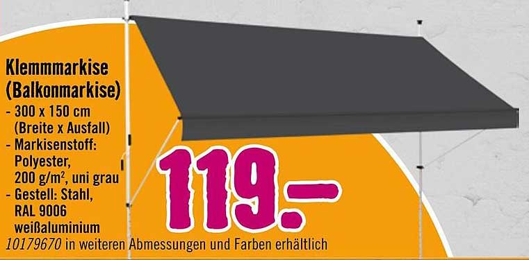 Klemmmarkise (Balkonmarkise) 300 x 150 cm, Polyester, grau