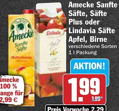 Amecke Sanfte Säfte, Säfte Plus oder Lindavia Säfte Apfel, Birne verschiedene Sorten 1 l Packung