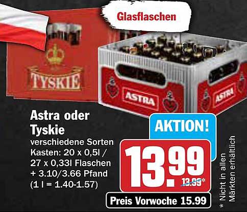 Astra oder Tyskie - verschiedene Sorten im Kasten