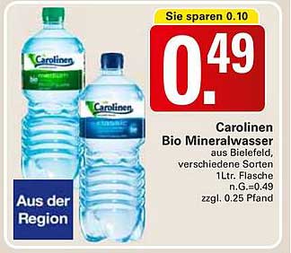 Carolinen Bio Mineralwasser aus Bielefeld, verschiedene Sorten 1l Flasche