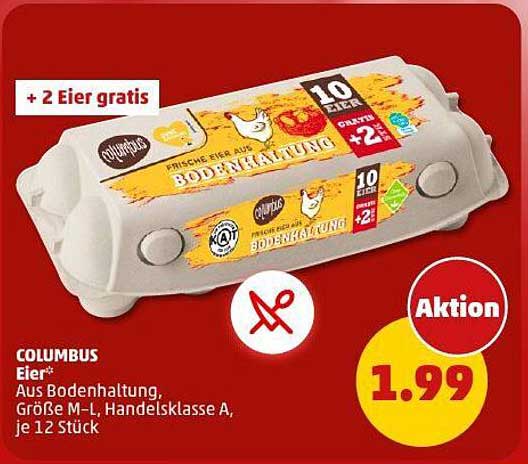 Columbus Eier aus Bodenhaltung, Größe M-L, Handelsklasse A, je 12 Stück + 2 Eier gratis