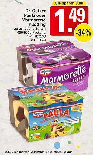 Dr. Oetker Paula oder Marmorette Pudding 400/500g Packung