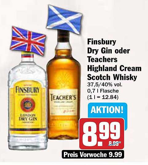 Finsbury Dry Gin oder Teachers Highland Cream Scotch Whisky 0,7 l