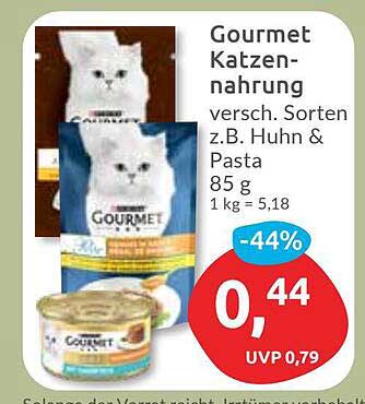 Gourmet Katzennahrung – verschiedene Sorten wie z.B. Huhn & Pasta, 85 g