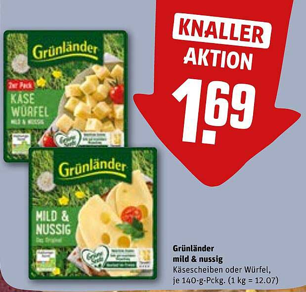 Grünländer mild & nussig Käse (Käsescheiben oder Würfel, je 140-g-Pckg.)
