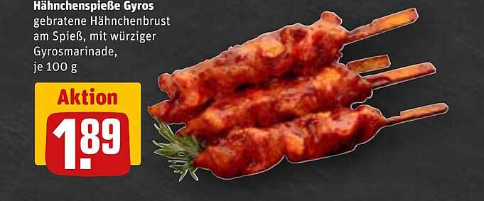 Hähnchenspieße Gyros - gebratene Hähnchenbrust am Spieß, mit würziger Gyrosmarinade, je 100 g