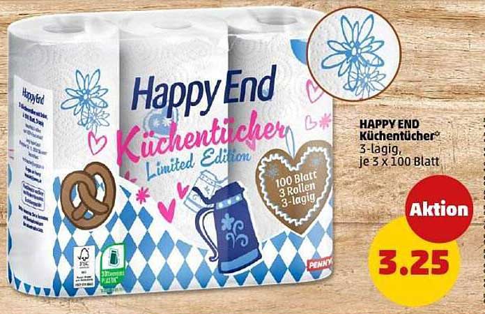HAPPY END Küchentücher, 3-lagig, je 3 x 100 Blatt, Limited Edition