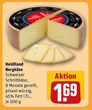 Heidiland Bergkäse - Schweizer Schnittkäse, 8 Monate gereift, pikant-würzig, 45% Fett i.Tr., je 100 g