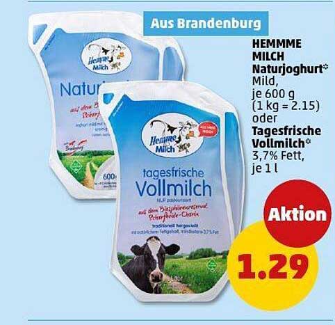 HEMMME MILCH Naturjoghurt 600 g oder Tagesfrische Vollmilch 1 l Aktionspreis