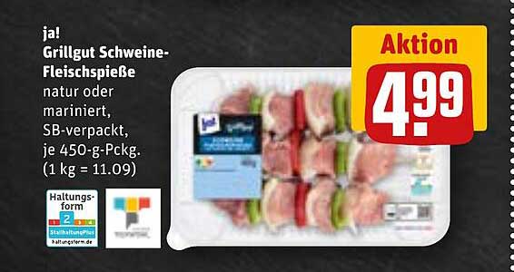 ja! Grillgut Schweine-Fleischspieße, natur oder mariniert, SB-verpackt, je 450-g-Packung