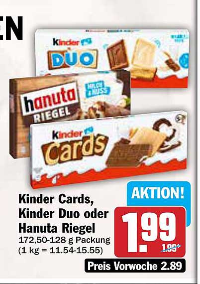 Kinder Cards, Kinder Duo oder Hanuta Riegel