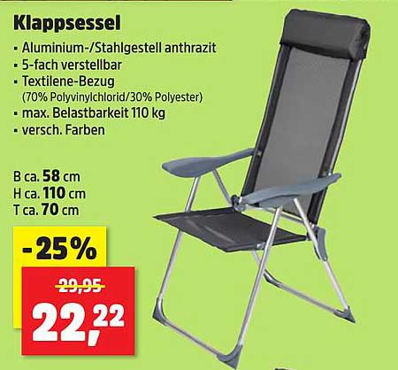 Klappstuhl Anthrazit mit 5-fach verstellbarem Metallgestell