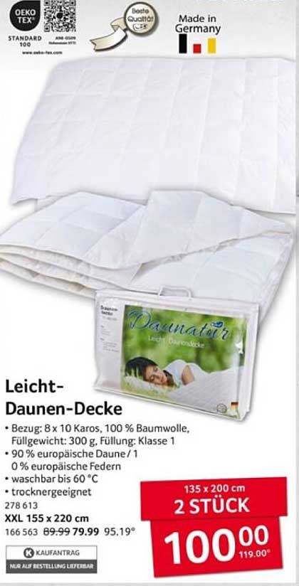 Leicht-Daunen-Decke 135 x 200 cm - 2 Stück zum Vorteilspreis!