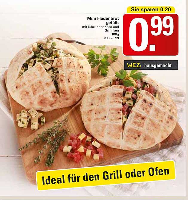 Mini Fladenbrot gefüllt mit Käse oder Käse und Schinken