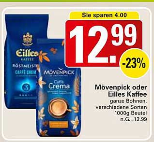 Mövenpick oder Eilles Kaffee - Ganze Bohnen, verschiedene Sorten 1000g Beutel