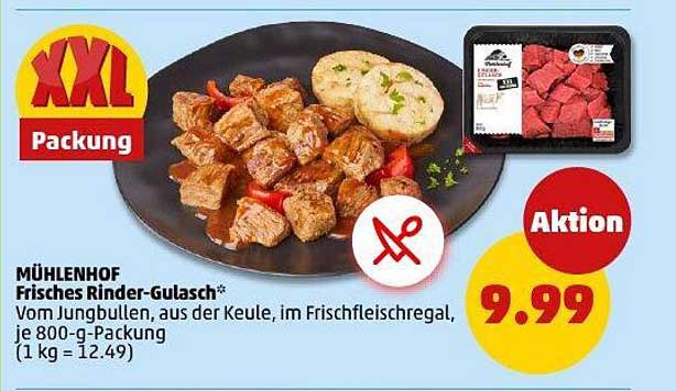 MÜHLENHOF Frisches Rinder-Gulasch 800 g für nur 9,99 €
