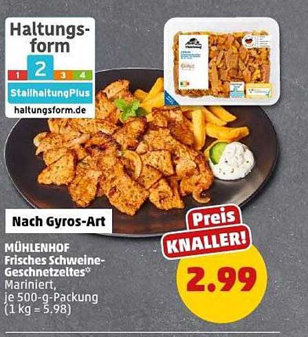 MÜHLENHOF Frisches Schweine-Geschnetzeltes Nach Gyros-Art, 500-g-Packung