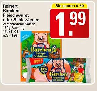 Reinert Bärchen Fleischwurst oder Schlawiener 180g Packung
