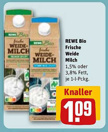 REWE Bio Frische Weide Milch 1,5% oder 3,8% Fett, je 1-l-Pckg.