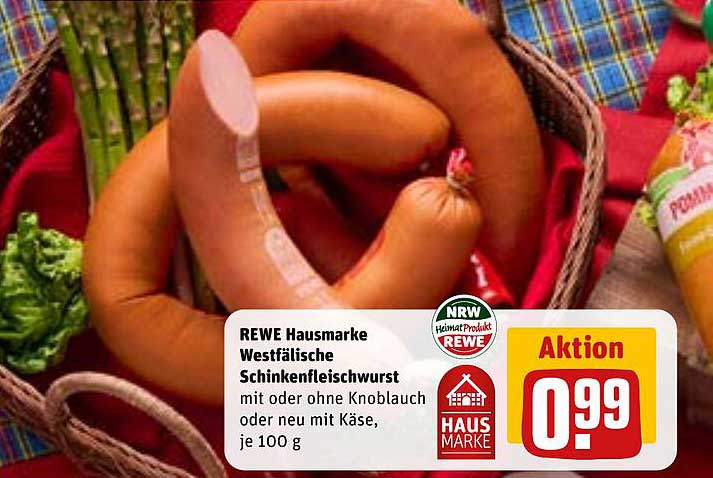 REWE Hausmarke Westfälische Schinkenfleischwurst mit oder ohne Knoblauch oder neu mit Käse, je 100 g