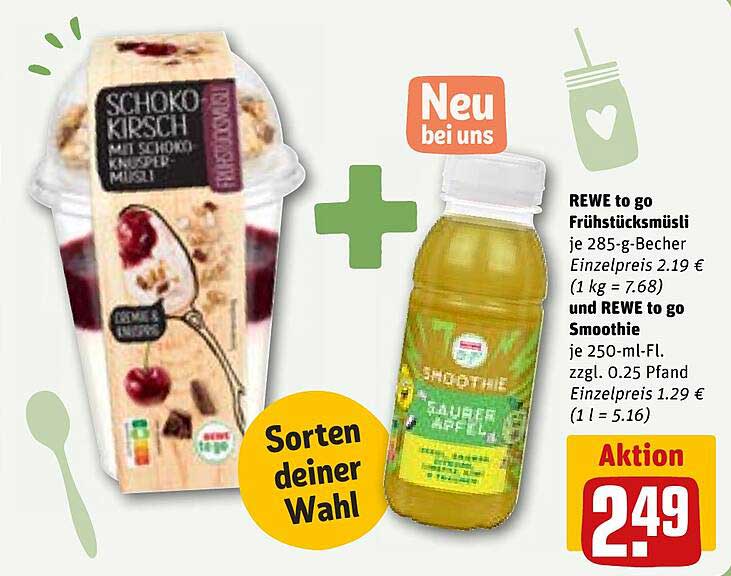 REWE to go Frühstücksmüsli und Smoothie zum Aktionspreis