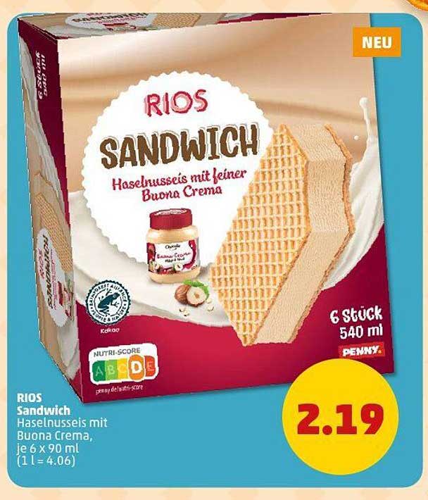 RIOS Sandwich Haselnusseis mit feiner Buona Crema, je 6 x 90 ml