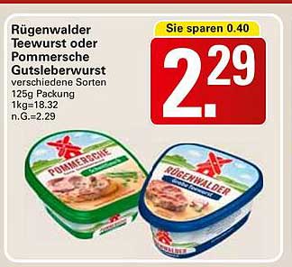 Rügenwalder Teewurst oder Pommerische Gutsleberwurst 125g