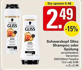 Schwarzkopf Gliss Shampoo oder Spülung verschiedene Varianten 200/250ml Flasche