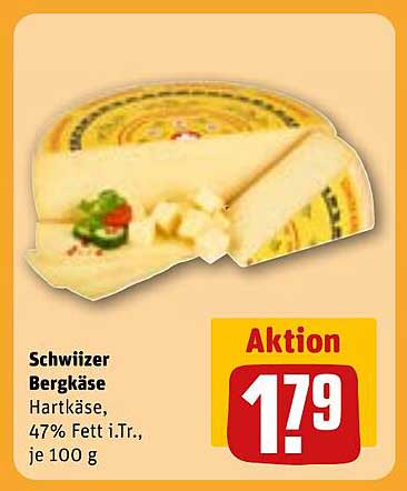 Schwiizer Bergkäse Hartkäse, 47% Fett i.Tr., je 100 g