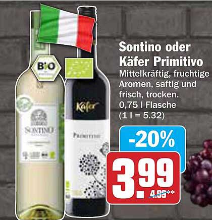 Sontino oder Käfer Primitivo - 0,75 l Flasche