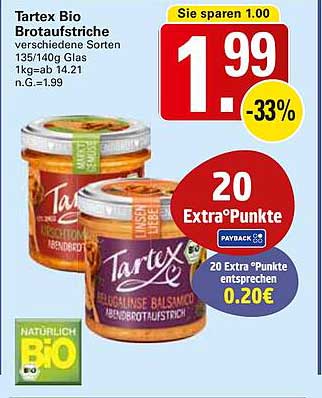 Tartex Bio Brotaufstriche verschiedene Sorten 135/140g Glas