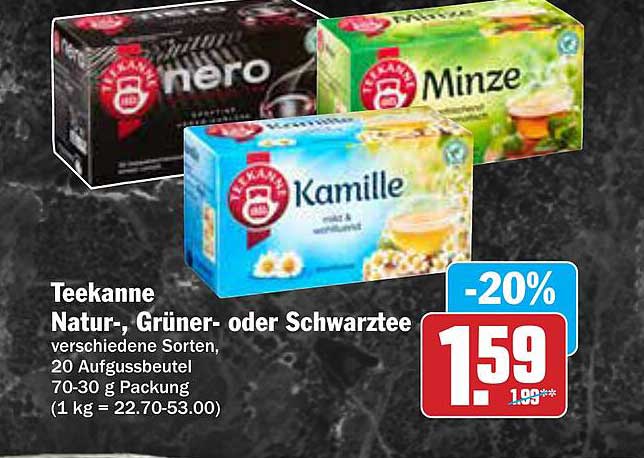 Teekanne Natur-, Grün- oder Schwarztee, verschiedene Sorten, 20 Aufgussbeutel