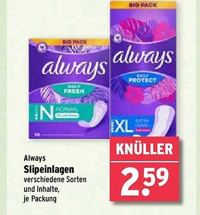 Always Slipeinlagen – verschiedene Sorten und Inhalte, je Packung