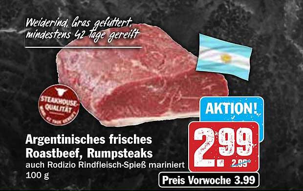 Argentinisches frisches Roastbeef, Rumpsteaks auch Rodizio Rindfleisch-Spieß mariniert 100 g