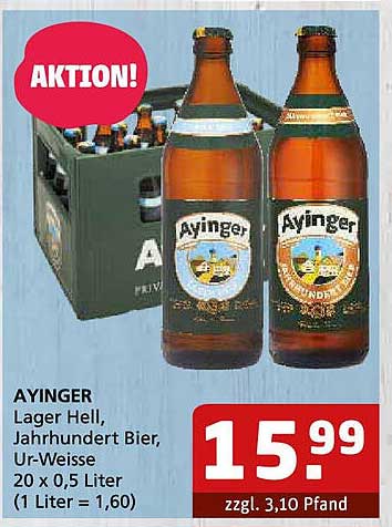 AYINGER Lager Hell, Jahrhundert Bier, Ur-Weisse 20 x 0,5 Liter
