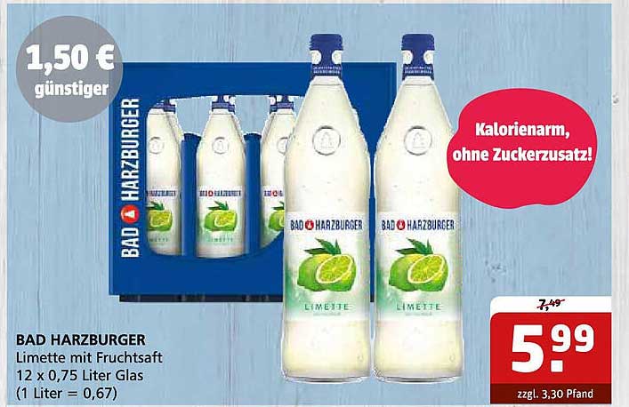 BAD HARZBURGER Limette mit Fruchtsaft 12 x 0,75 Liter Glas