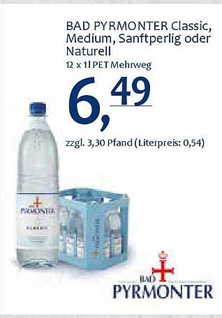 BAD PYRMONTER Classic, Medium, Sanftperlig oder Naturell – 12 x 1l PET Mehrweg