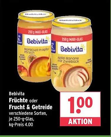 Bebivita Früchte oder Frucht & Getreide, je 250-g-Glas
